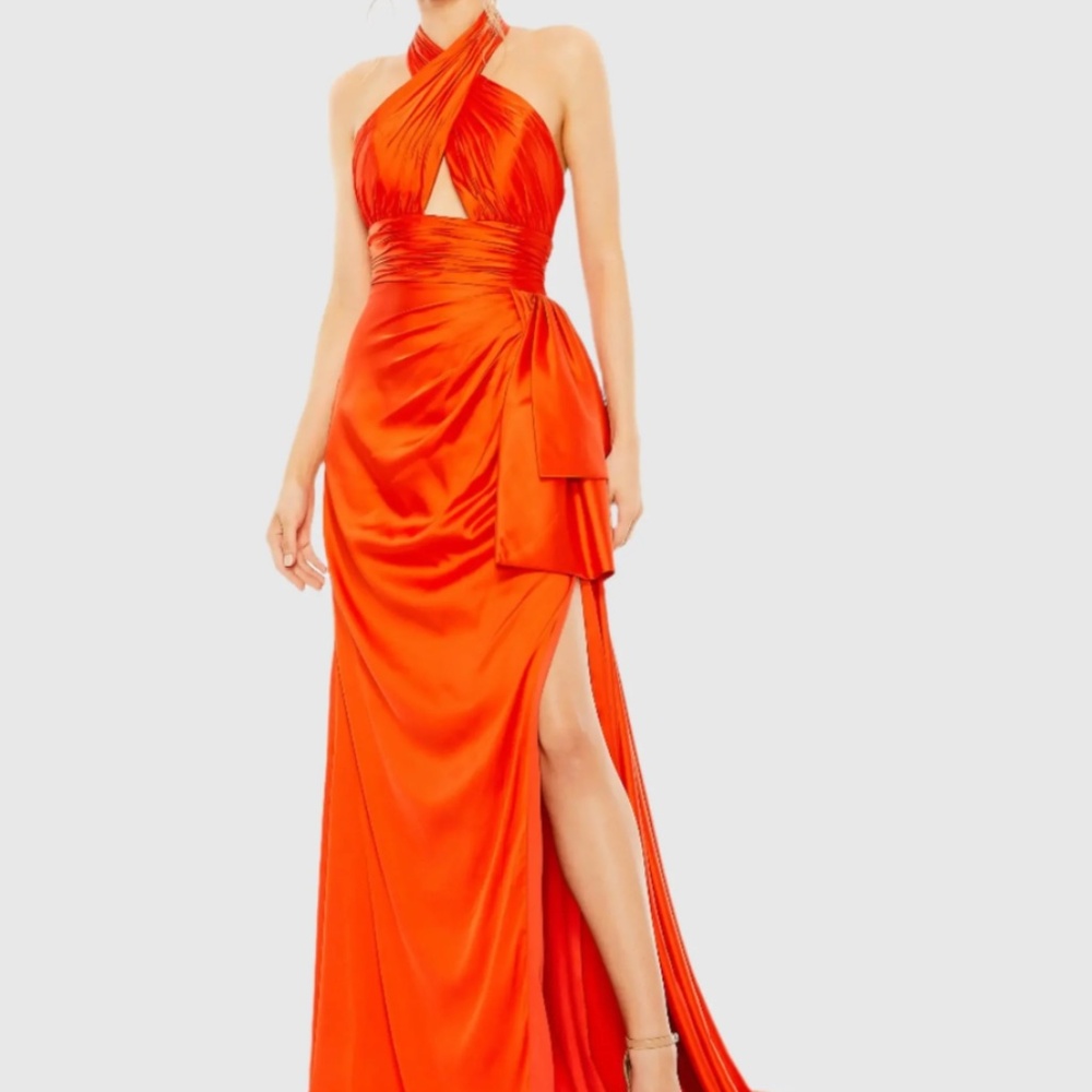 MAC DUGGAL Orange Halter Neck Ruffle Side Slit Gown